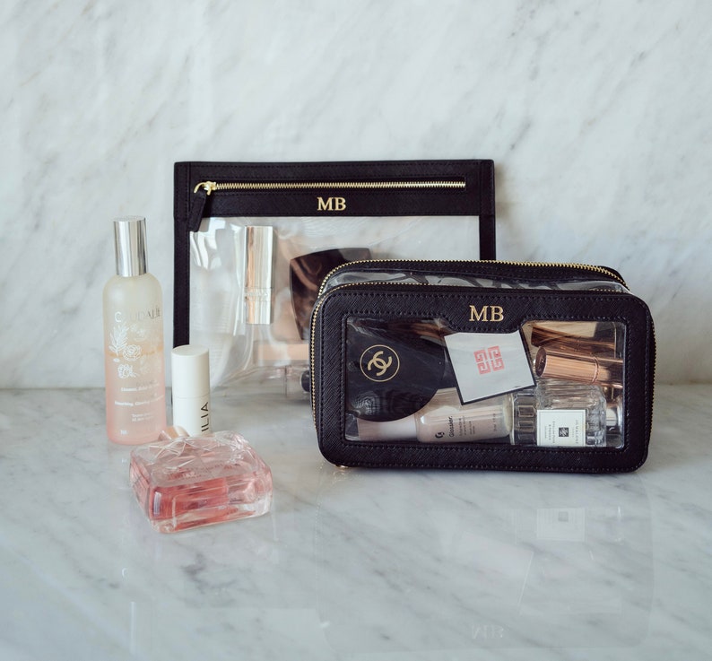 Personalised Set Make up Bag with monogram, Saffiano Leather cosmetic bag, Personalized gift for her, Clear Cosmetic Travel Bag BeKindPT