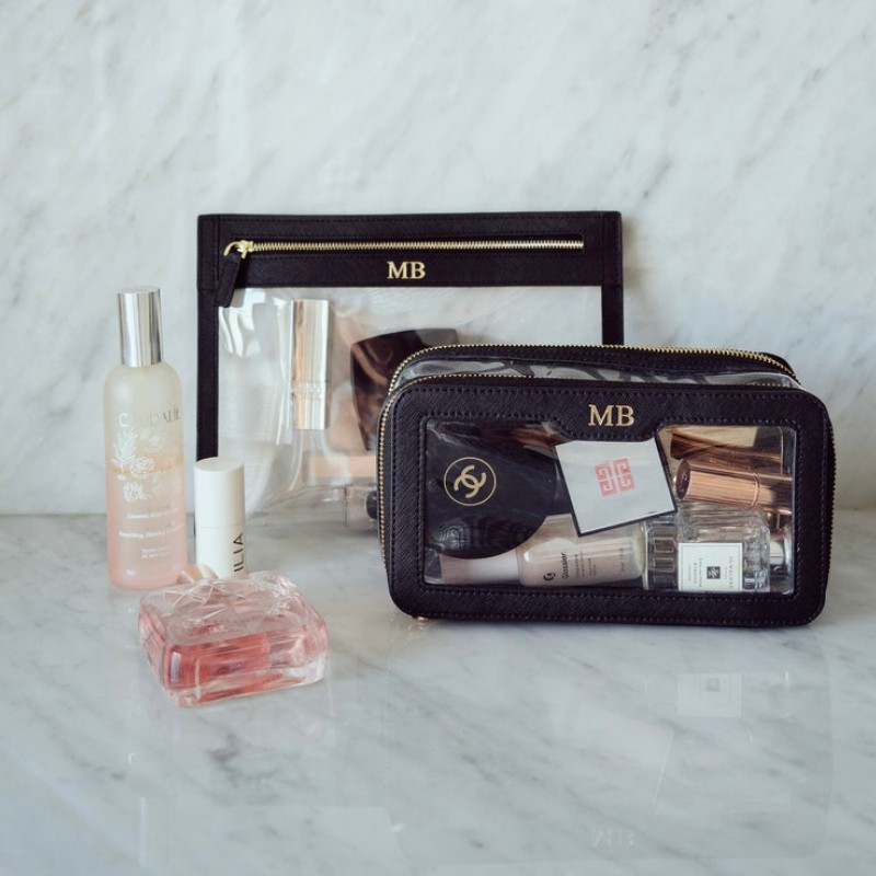 Personalised Set Make up Bag with monogram, Saffiano Leather cosmetic bag, Personalized gift for her, Clear Cosmetic Travel Bag BeKindPT