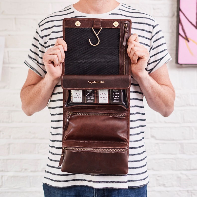 Personalised Leather Hanging Wash Bag - Christmas Gift for Husband, Dad, Brother - Perfect for Travel - Handmade Quality HerbertandWinifred